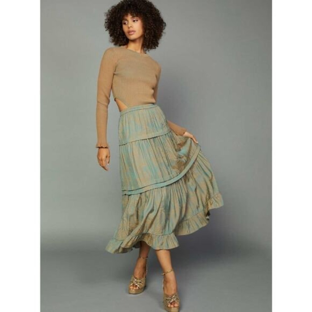 NEW Current Air Mixed Media Maxi Dress Women L Tan Green Tiered Garden Fairy